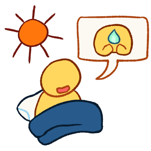 A drawing of an emoji yellow person sitting up in bed. There is a pillow behind them and a blanket pulled up to their chest. They're speaking a speech bubble which contains a somewhat vague image of a light blue flame held close to someone's chest. There is an orange sun in the top left corner. 